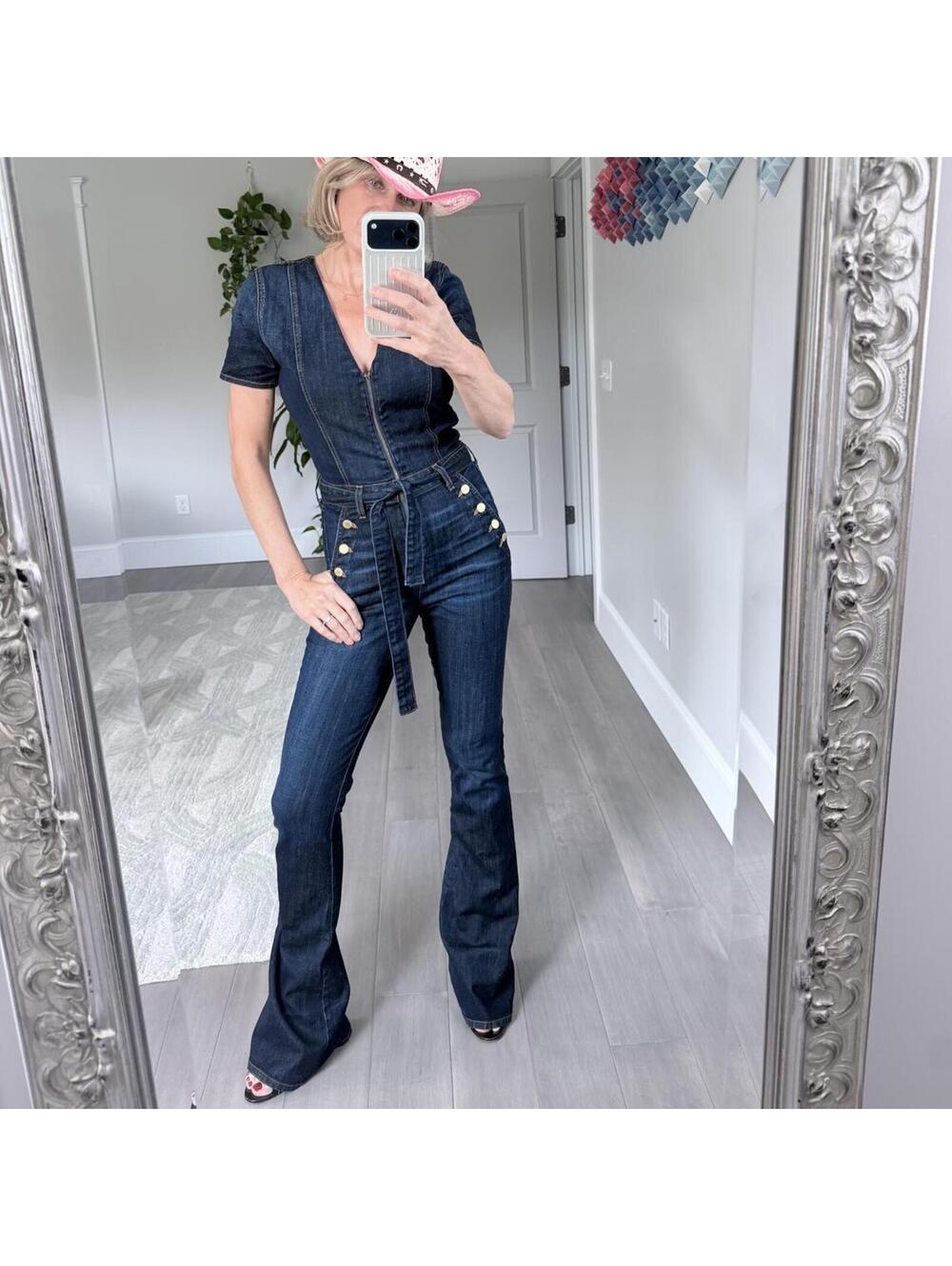 Ramy Brook Dark Blue Denim Jumpsuit | Flared Leg Extra Long Size 26